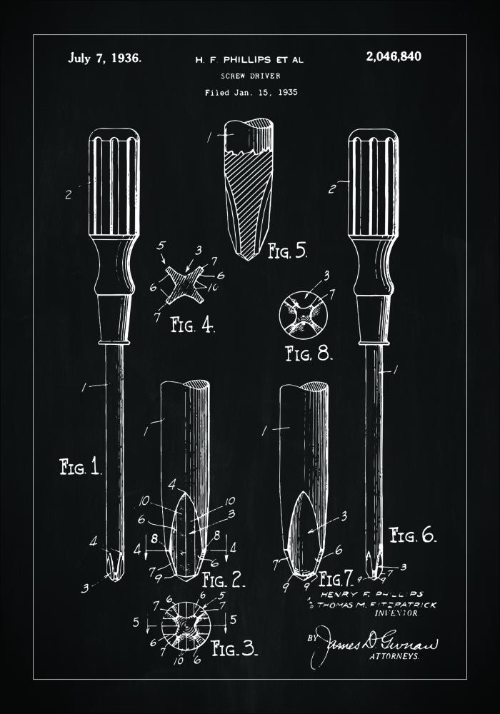 Dessin de brevet - Tournevis - Noir Poster