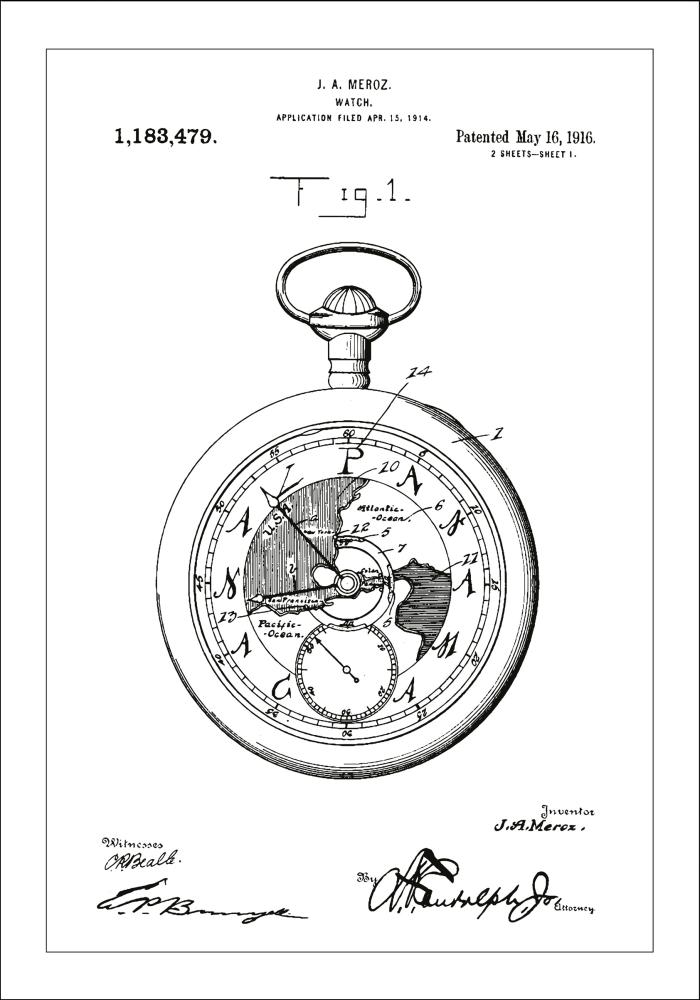 Dessin de brevet - Montre de poche - Blanc Poster