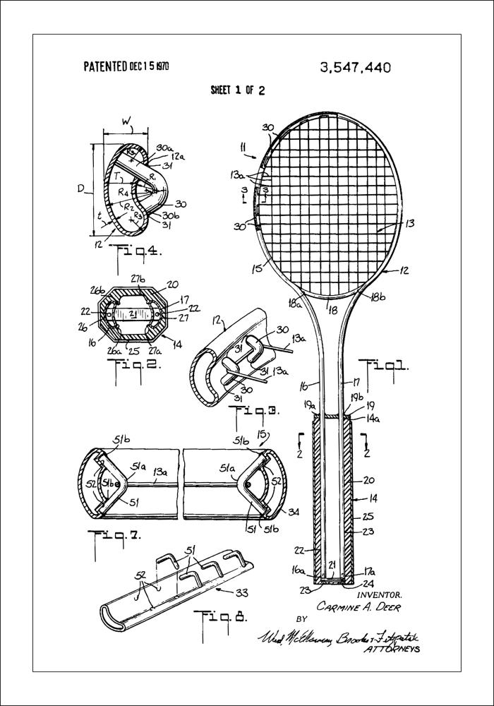 Patent Print - Tennis Racket - White Poster