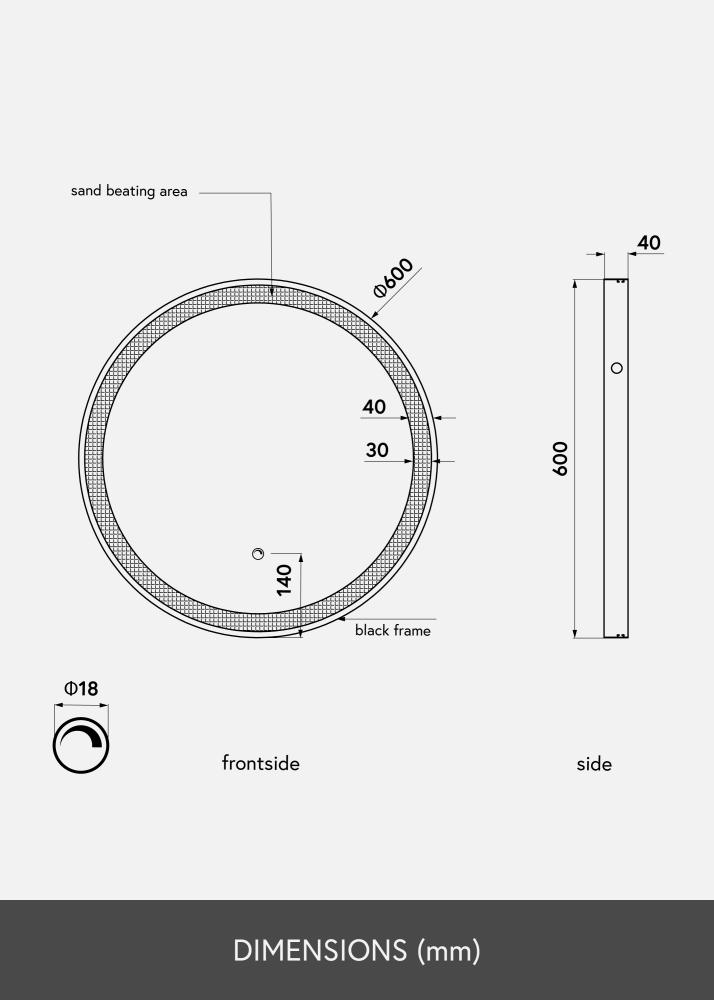 KAILA Miroir Noir LED diamètre 60 cm